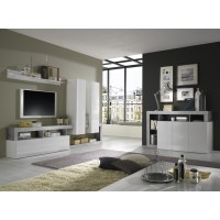 Ensemble de meubles de salon design avec nombreux rangements collection BURA. Coloris blanc laqué et gris effet béton