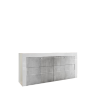 Buffet 4 portes 181cm, collection JET, coloris blanc laqué brillant et gris aspect béton