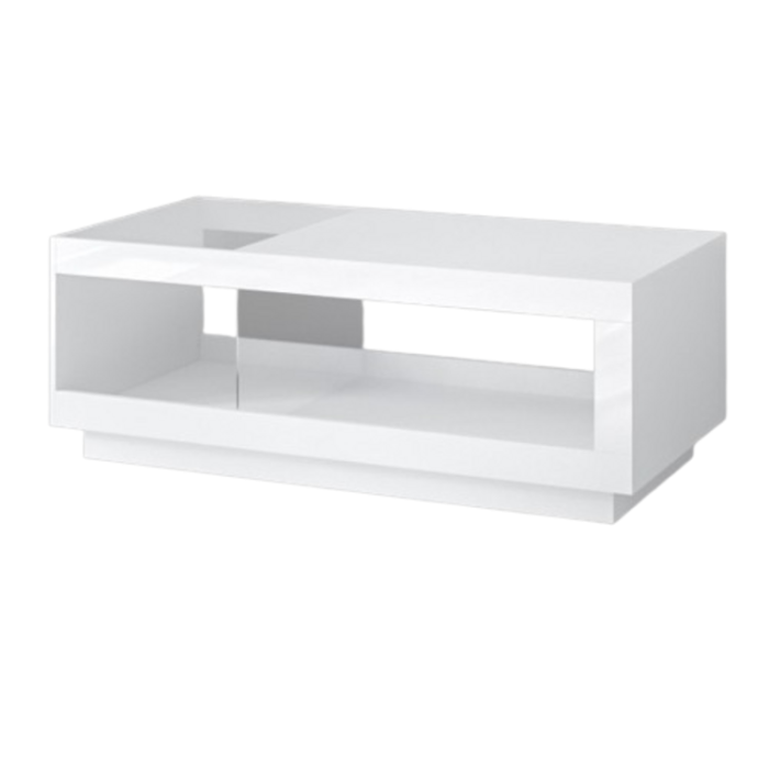 Table basse design collection ONYXIA avec plateau en parti vitré. Couleur blanc brillant.