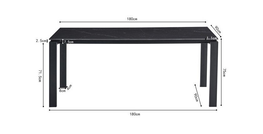 Table à manger ATHENA longueur 180cm avec plateau de 12mm en pierre effet marbre noir