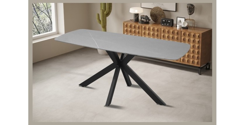 Table à manger VINCI longueur 180cm avec plateau de 10mm en pierre effet marbre gris