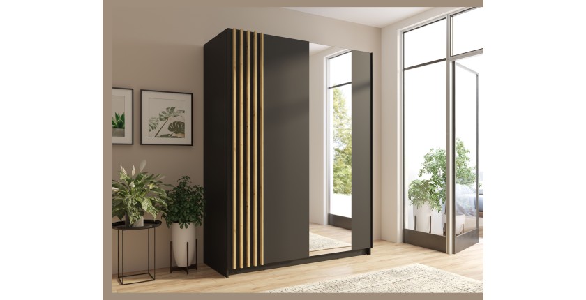 Armoire design 150cm coloris noir et chêne collection VARIA. Deux portes coulissantes. Dressing complet avec miroir.