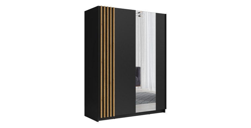 Armoire design 150cm coloris noir et chêne collection VARIA. Deux portes coulissantes. Dressing complet avec miroir.