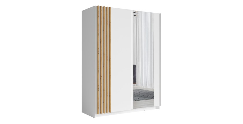 Armoire design 150cm coloris blanc et chêne collection VARIA. Deux portes coulissantes. Dressing complet avec miroir.