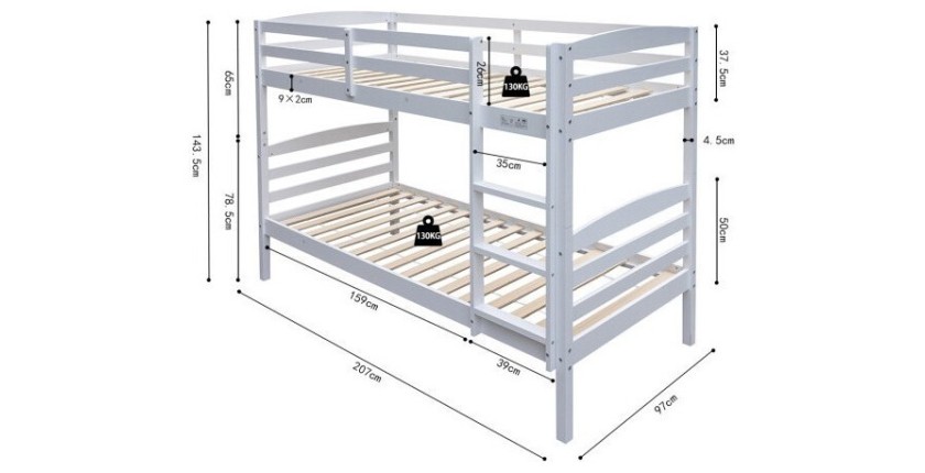 Lit en bois superposé évolutif 90x200 cm BOY, coloris blanc