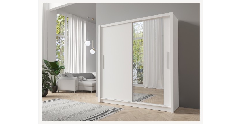 Armoire 205cm 2 portes coulissantes, coloris blanc, collection OZZULA