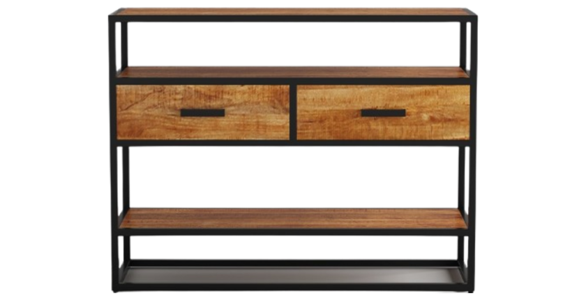 Console de salon avec tiroir et étagère de style industriel en bois massif exotique de Mangolia. Collection MADEIRO