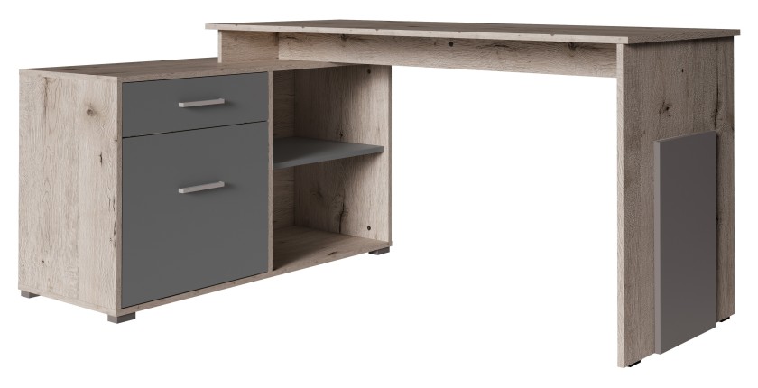 Bureau d'angle coloris chêne Wellington et gris graphite collection COMO avec 1 tiroir et 4 niches