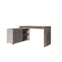 Bureau d'angle coloris chêne Wellington et gris graphite collection COMO avec 1 tiroir et 4 niches