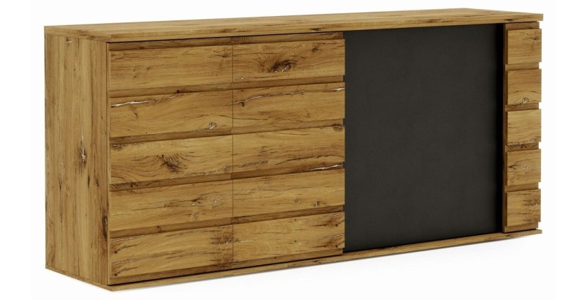 Buffet, bahut ROMI 3 portes coulissantes coloris chêne et gris graphite. Meuble design idéal pour votre salle à manger