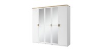 Armoire 5 Portes 226cm collection JASPER, Coloris blanc, finition chêne wotan, idéal pour une grande chambre