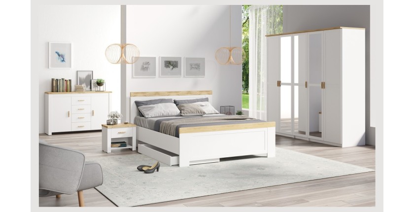 Chambre Complète JASPER, lit en 160x200 coloris blanc et chêne wotan, idéal pour une chambre dans un style cocooning
