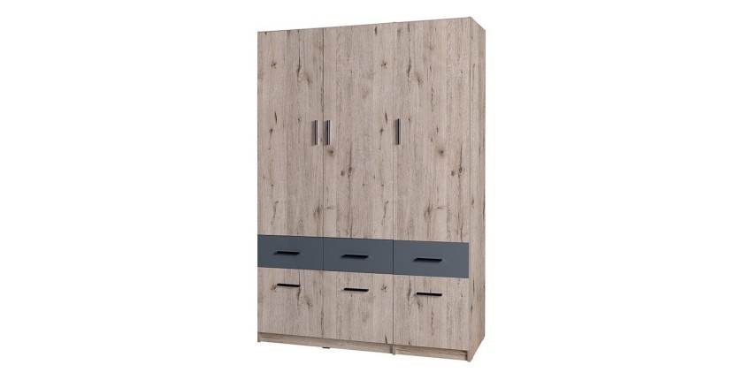 Armoire trois portes et six tiroirs collection FLEX, coloris chêne wellington et gris graphite