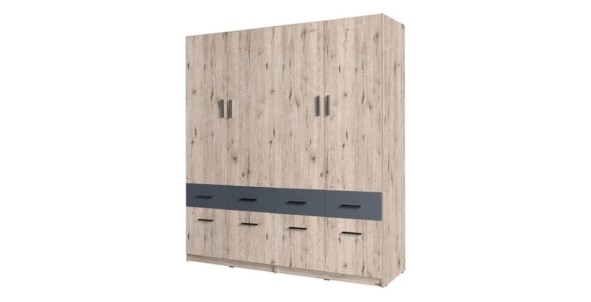 Armoire quatre portes et huit tiroirs collection FLEX, coloris chêne wellington et gris graphite