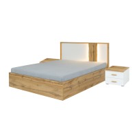 Pack lit 160x200 avec LED + 2 chevets WOOD coloris blanc et chêne