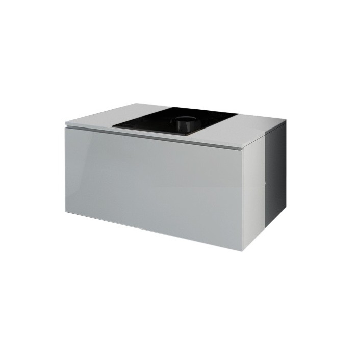 Meuble sous vasque suspendu collection OWL, coloris blanc mat brillant, avec plaque en verre noir, idéal pour une salle de bain