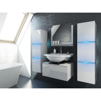 Meuble sous vasque suspendu collection OWL, coloris blanc mat brillant, avec plaque en verre noir, idéal pour une salle de bain