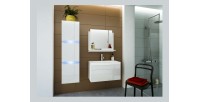 Meuble sous vasque suspendu collection RAVEN, coloris blanc mat et brillant, avec vasque et siphon inclus