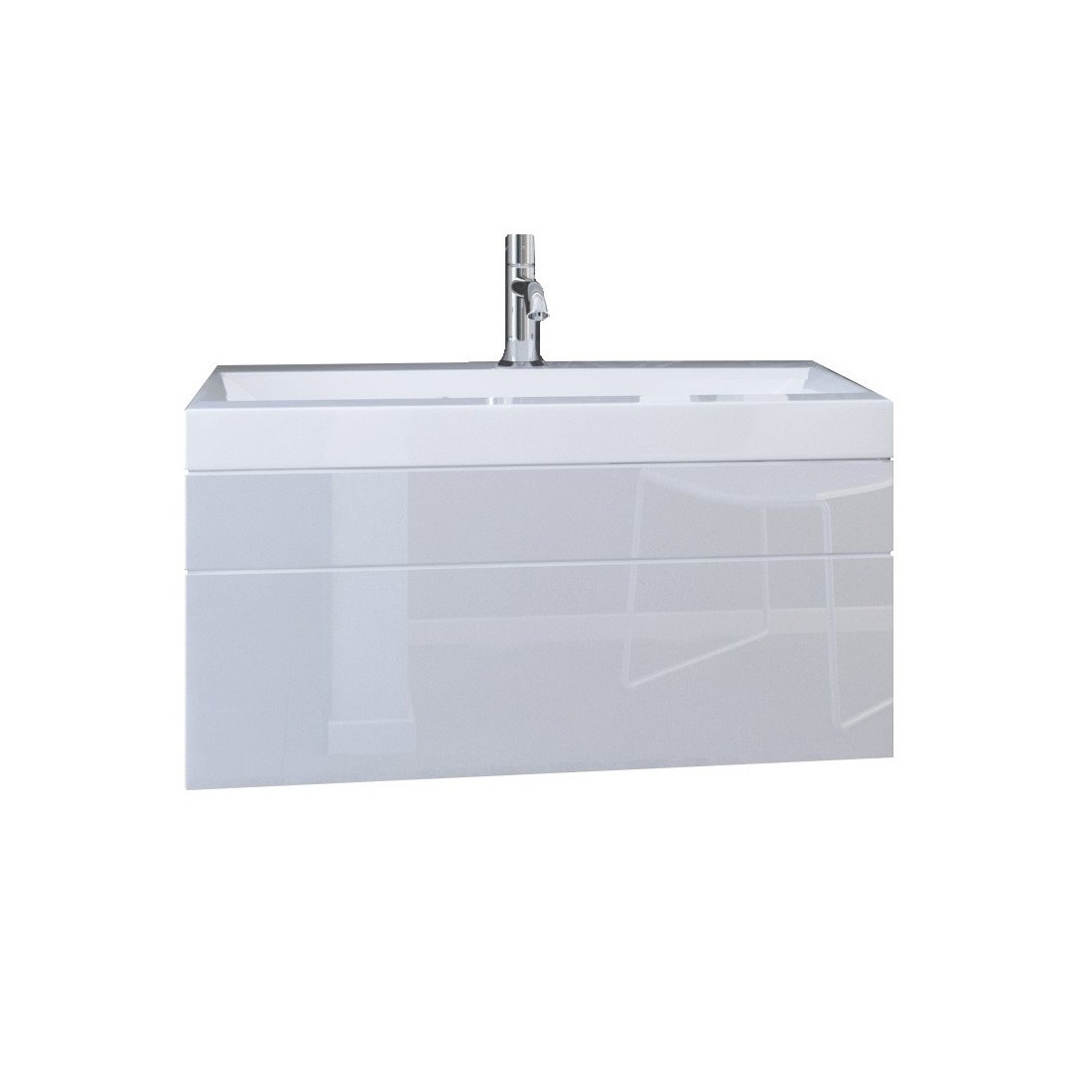 Meuble sous vasque 80cm suspendu collection RAVEN, coloris blanc mat et brillant, avec vasque et siphon inclus