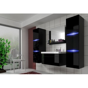 Ensemble meubles de salle de bain collection RAVEN, coloris noir mat et brillant, avec vasque 80cm et deux colonnes