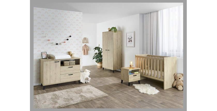 Chambre bébé ou enfant DANAÉ comprenant un lit 60x120 évolutif en 90x200, une armoire, une commode à langer et un chevet.