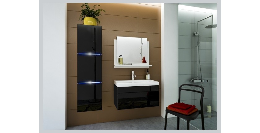 Ensemble meubles de salle de bain collection RAVEN, coloris noir mat et brillant, avec vasque 80cm et une colonne