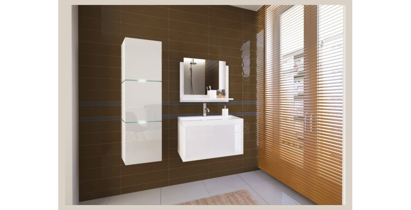 Ensemble meubles de salle de bain collection OWL, coloris blanc mat et brillant avec une colonne et vasque 80cm