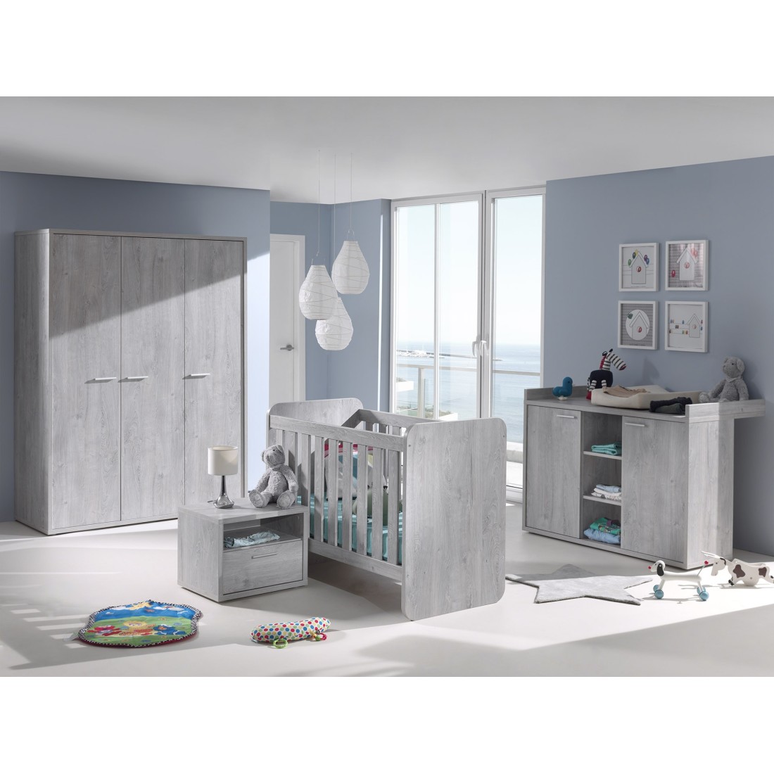 Chambre bébé ou enfant MATHEO, lit 60x120 évolutif en 90x200, armoire, commode à langer et chevet