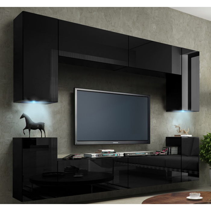 Meuble TV suspendu noir brillant 240cm avec 4 portes, collection CEPTO