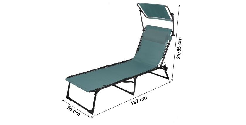 Chaise longue / bain de soleil avec pare soleil et coussin coloris bleu 190x25x57cm