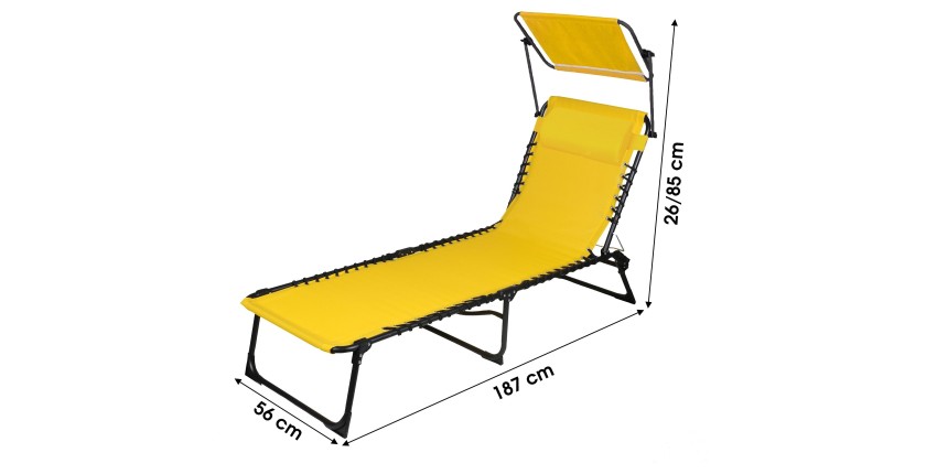 Chaise longue / bain de soleil avec pare soleil et coussin coloris jaune 190x25x57cm