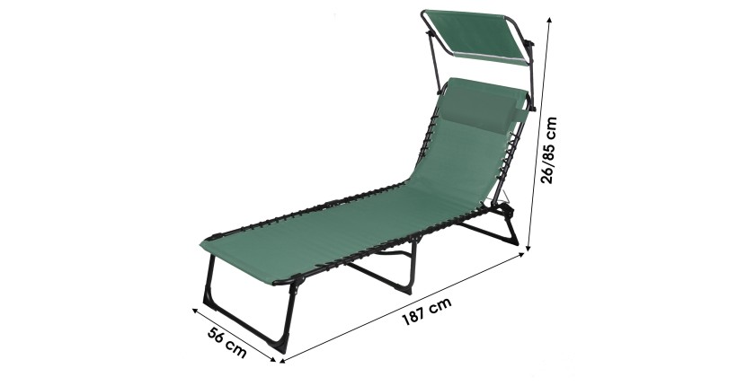 Chaise longue / bain de soleil avec pare soleil et coussin coloris vert 190x25x57cm