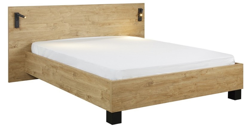 Chambre à coucher collection MORGANE : Armoire 200cm, Lit avec applique 160x200, commode, chevets. Couleur chêne doré et noir.