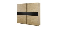 Chambre à coucher collection MORGANE : Armoire 250cm, Lit avec applique 160x200, commode, chevets. Couleur chêne doré et noir.