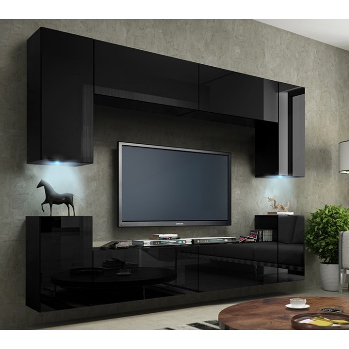 Ensemble de meubles de salon noir suspendus collection CEPTO 256cm, 8 portes, 6 étagères, leds, modulables.