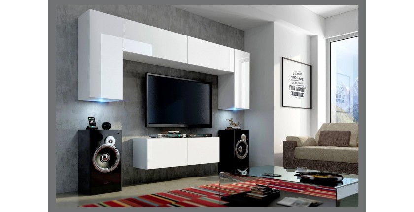 Ensemble de meubles de salon blanc suspendus collection CEPTO 256cm, 6 portes, 2 étagères, leds, modulables.