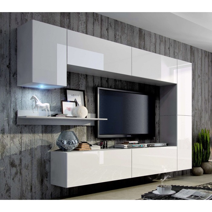 Ensemble de meubles de salon blanc suspendus collection CEPTO 256cm, 7 portes, 6 étagères, leds, modulables.