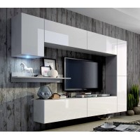 Ensemble de meubles de salon blanc suspendus collection CEPTO 256cm, 7 portes, 6 étagères, leds, modulables.