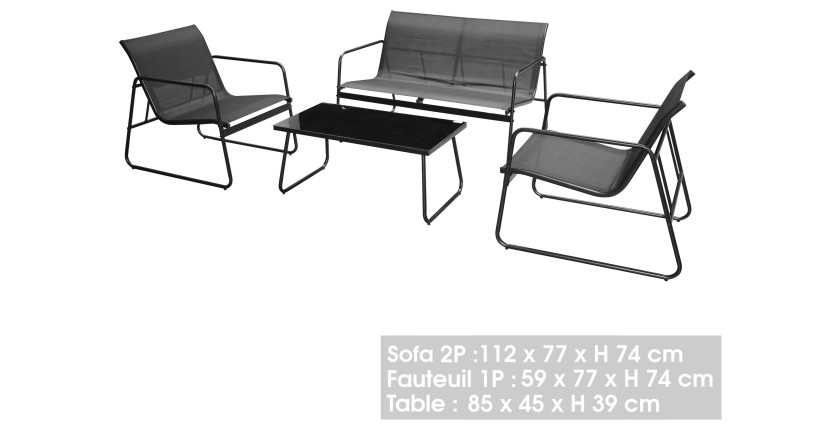 Salon de jardin complet noir avec table en verre : élégance et confort pour quatre personnes