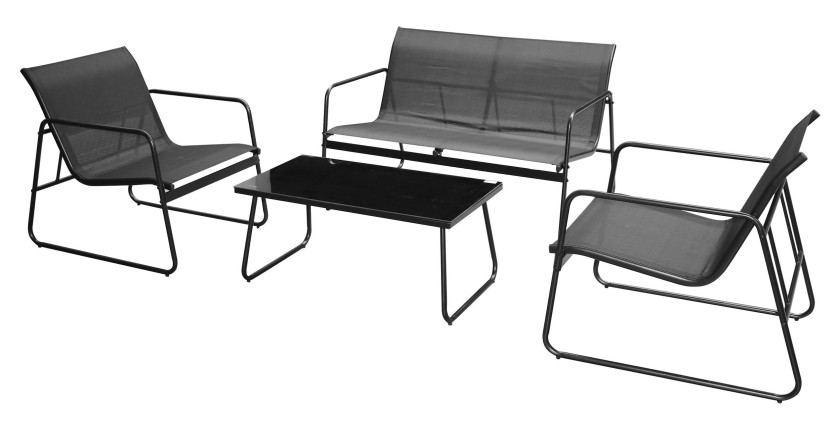 Salon de jardin complet noir avec table en verre : élégance et confort pour quatre personnes