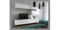 Ensemble meubles de salon suspendus blanc collection CEPTO. 249cm, 8 meubles, leds.