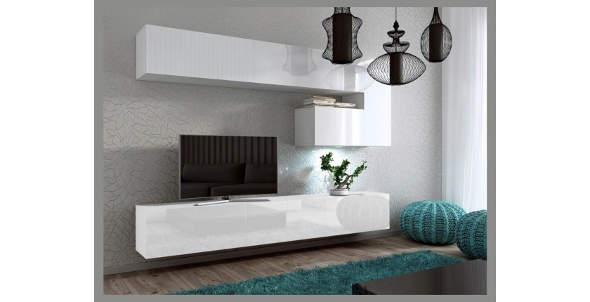 Ensemble meubles de salon suspendus blanc collection CEPTO. 249cm, 8 meubles, leds.