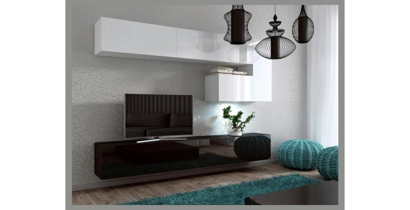 Ensemble meubles de salon suspendus blanc et noir collection CEPTO. 249cm, 8 meubles, leds.