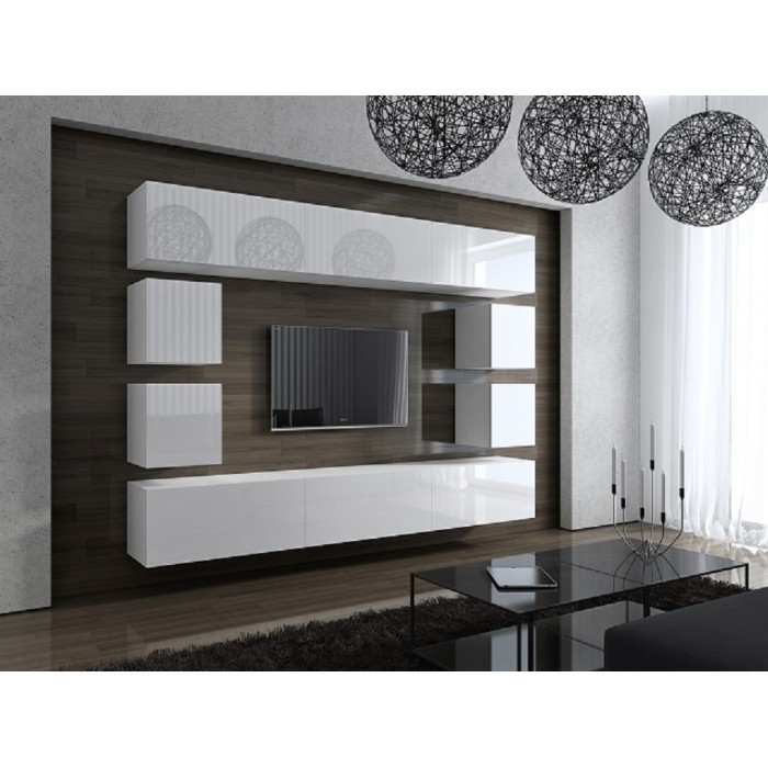 Ensemble de meubles de salon blanc suspendus collection CEPTO XVII 249cm, 10 meubles, leds, modulables.