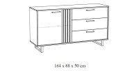 Buffet design 165cm avec 1 porte et 3 tiroirs pour salon couleur chêne clair collection LOFT pieds en métal.