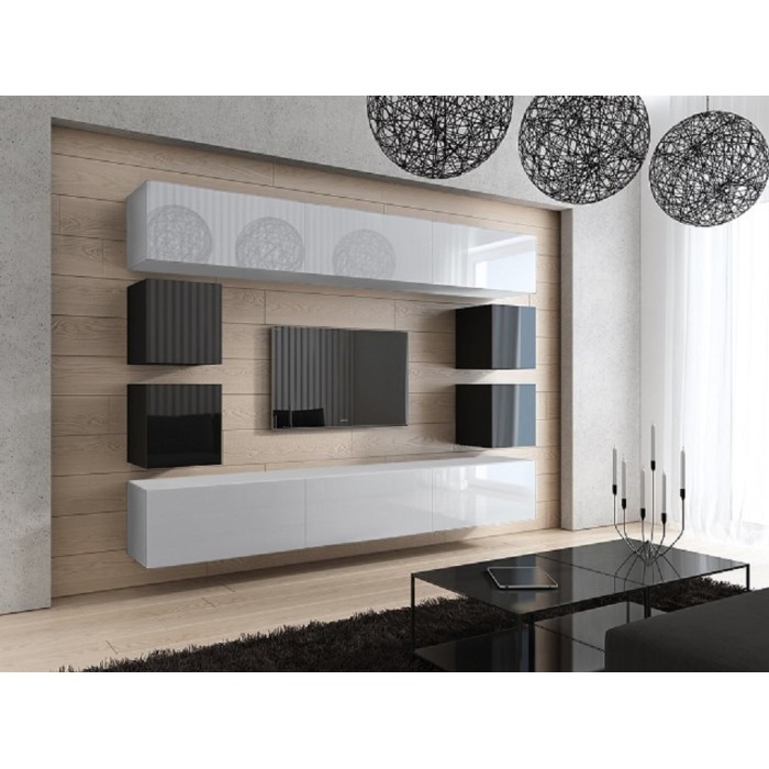 Ensemble de meubles de salon blanc et noir suspendus collection CEPTO XVII 249cm, 10 meubles, leds, modulables.