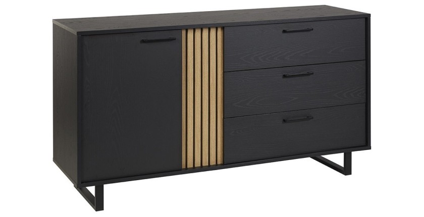 Buffet design 165cm avec 1 porte et 3 tiroirs pour salon couleur noir et chêne collection LOFT pieds en métal