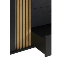 Buffet design 220cm avec 2 portes et 3 tiroirs pour salon couleur noir et chêne collection LOFT pieds en métal