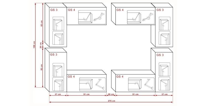 Ensemble de meubles de salon blanc suspendus collection CEPTO XX 276cm, 8 meubles, leds, modulables.