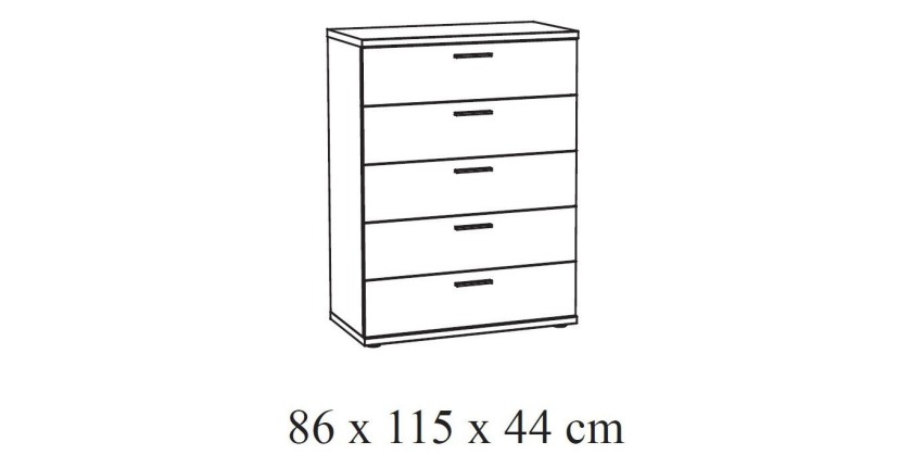 Chambre à coucher adulte collection OLGA : Armoire 200cm, Lit 140x200, commode, chevets. Couleur blanc effet bois.